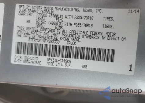 2015 Toyota Tundra Double Cab Sr z USA, uszkodzony, nr VIN 5TFRM5F1XFX085339